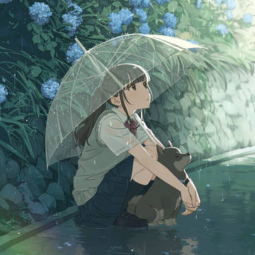 original, dog, hydrangea / 雨止みを待つ