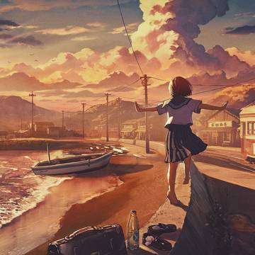 original, girl, scenery / 夕焼け飛行