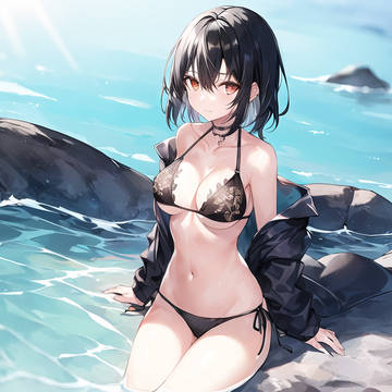 original, girl, black hair / 海辺の女の子20230613