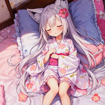 aI-generated illustration, fox ears, beautiful girl / 寝顔