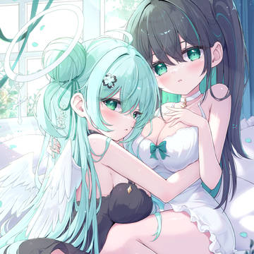 girl, original, green hair / 2人だけの秘密...💚