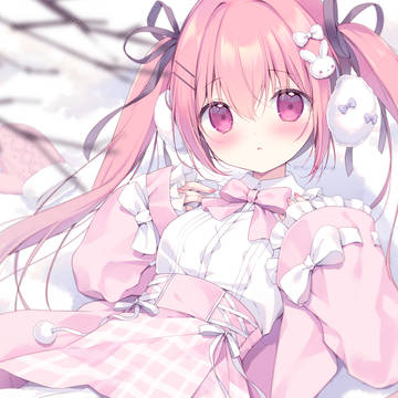 original, pink hair, twin ponytails / 雪遊び