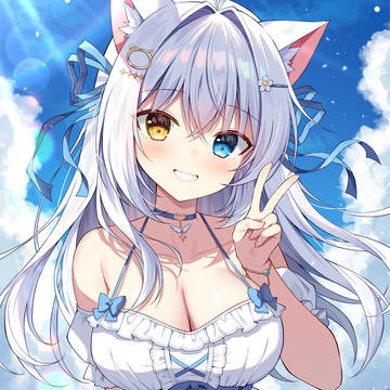 cat ears, heterochromia, peace sign / 夏のアイナちゃん