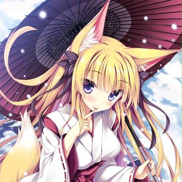 foxgirl, fox ears, fox shrine maiden / 冬の和傘の狐巫女さん