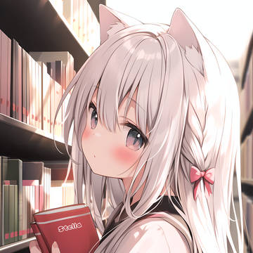 girl, original, nijijourney / 猫耳少女と図書館