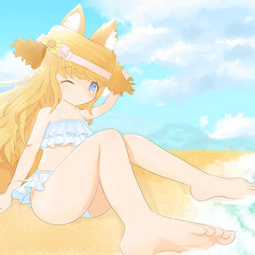 original, girl, fox ears / 水着つね