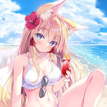 foxgirl, fox ears, breasts / ビーチバカンス