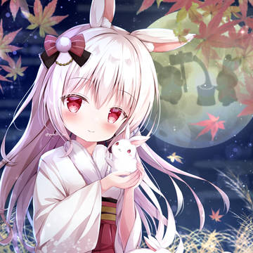 original, girl, animal ears / 中秋の名月とうさぎ達