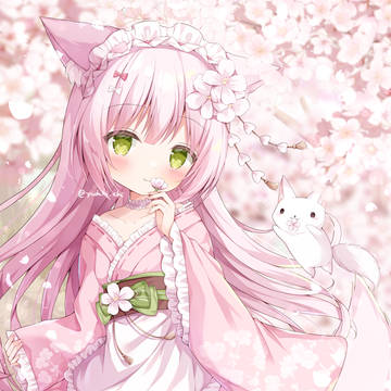 original, girl, animal ears / 桜色のもふもふ狐っ子