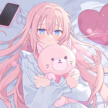 girl, original, pink hair / 桃とぬいぐるみ
